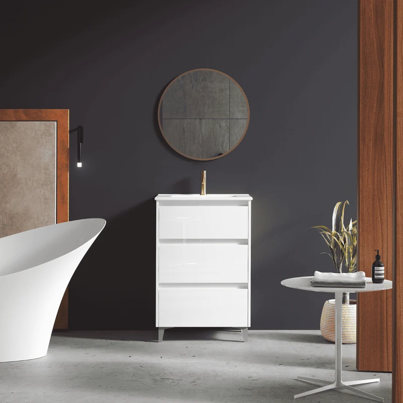 Mueble de Baño A Suelo con Lavabo Cerámico modelo Veloz|Mueble Baño 3 Cajones | Blanco Brillo