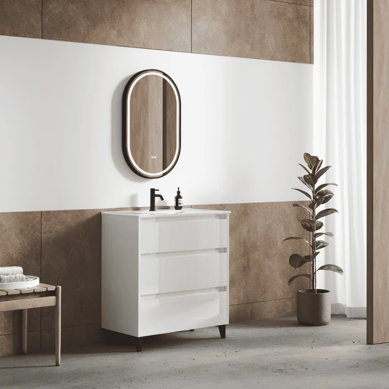 Mueble de Baño A Suelo con Lavabo Cerámico modelo Veloz|Mueble Baño 3 Cajones | Blanco Brillo