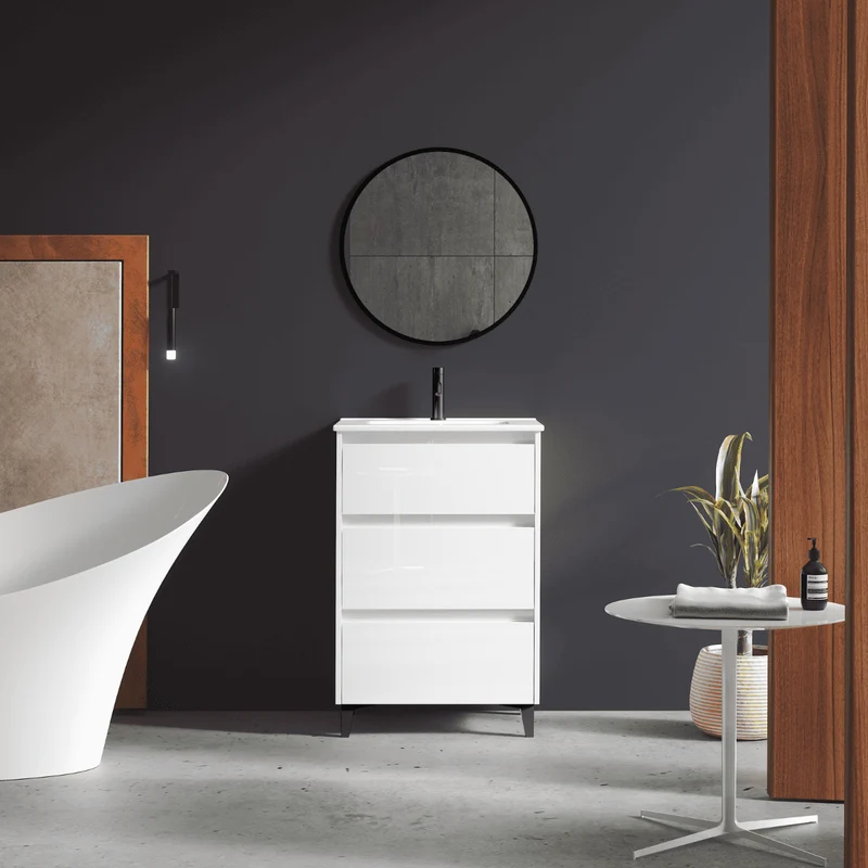 Mueble de Baño A Suelo con Lavabo Cerámico modelo Veloz|Mueble Baño 3 Cajones | Blanco Brillo
