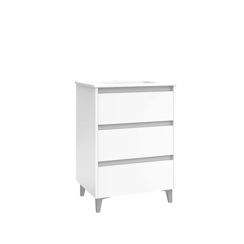 Mueble de Baño A Suelo con Lavabo Cerámico modelo Veloz|Mueble Baño 3 Cajones | Blanco Brillo