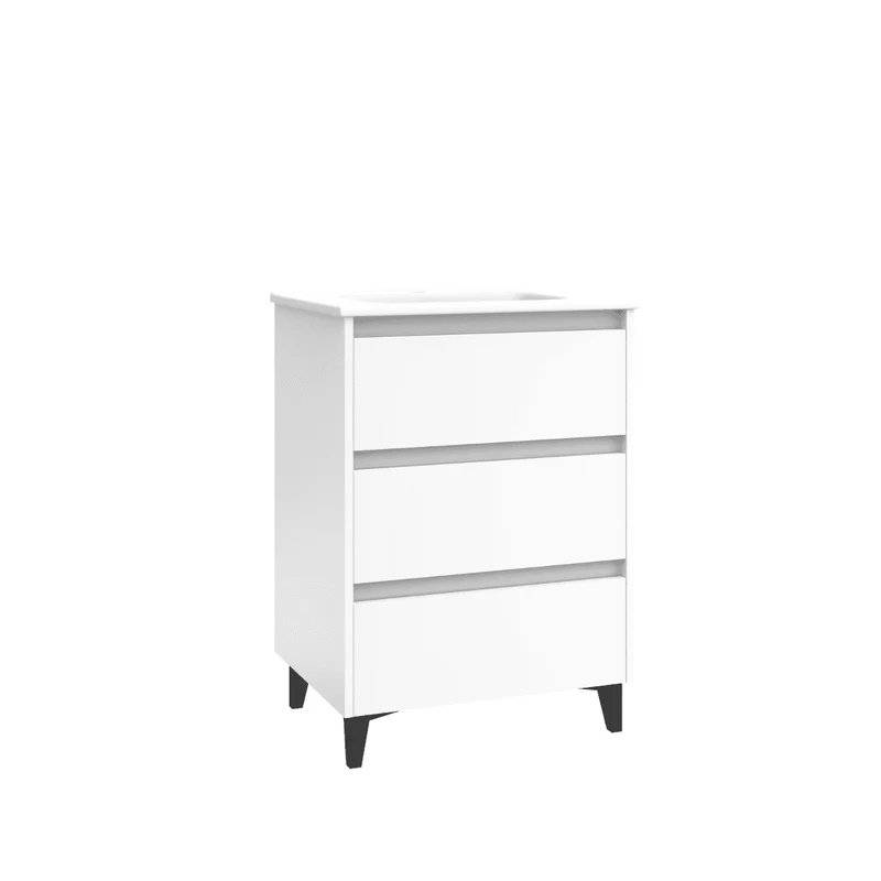 Mueble de Baño A Suelo con Lavabo Cerámico modelo Veloz|Mueble Baño 3 Cajones | Blanco Brillo