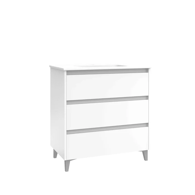 Mueble de Baño A Suelo con Lavabo Cerámico modelo Veloz|Mueble Baño 3 Cajones | Blanco Brillo