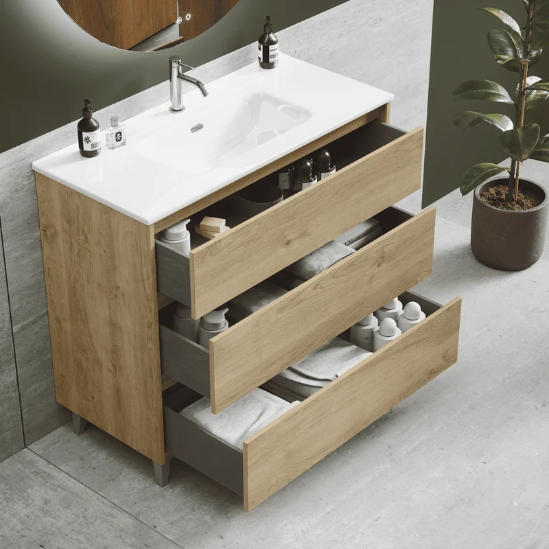 Mueble de Baño A Suelo con Lavabo Cerámico modelo Veloz|Mueble Baño 3 Cajones | Roble Natural