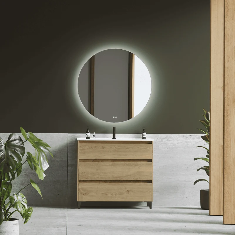 Mueble de Baño A Suelo con Lavabo Cerámico modelo Veloz|Mueble Baño 3 Cajones | Roble Natural