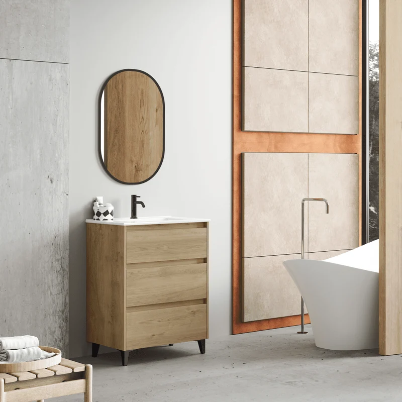 Mueble de Baño A Suelo con Lavabo Cerámico modelo Veloz|Mueble Baño 3 Cajones | Roble Natural