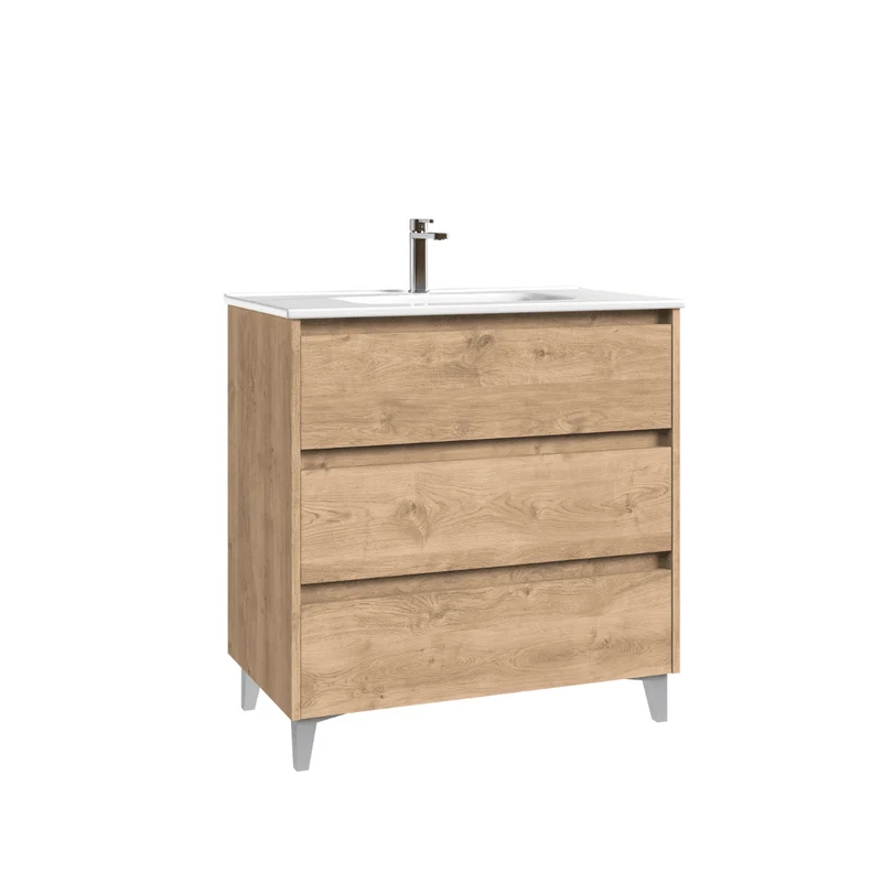Mueble de Baño A Suelo con Lavabo Cerámico modelo Veloz|Mueble Baño 3 Cajones | Roble Natural