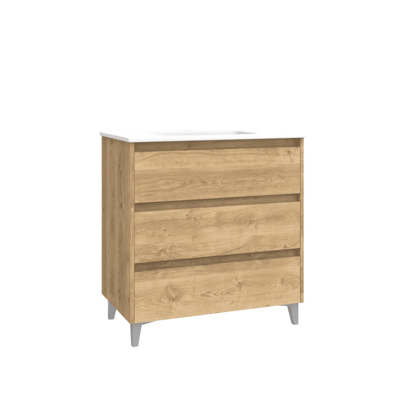 Mueble de Baño A Suelo con Lavabo Cerámico modelo Veloz|Mueble Baño 3 Cajones | Roble Natural