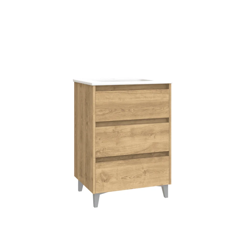 Mueble de Baño A Suelo con Lavabo Cerámico modelo Veloz|Mueble Baño 3 Cajones | Roble Natural