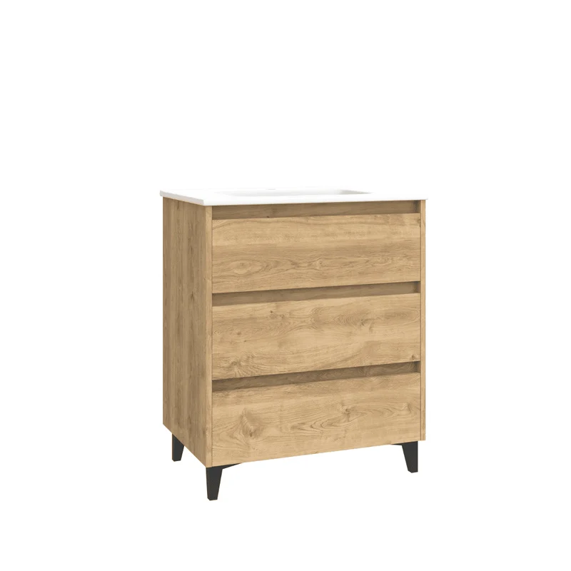 Mueble de Baño A Suelo con Lavabo Cerámico modelo Veloz|Mueble Baño 3 Cajones | Roble Natural