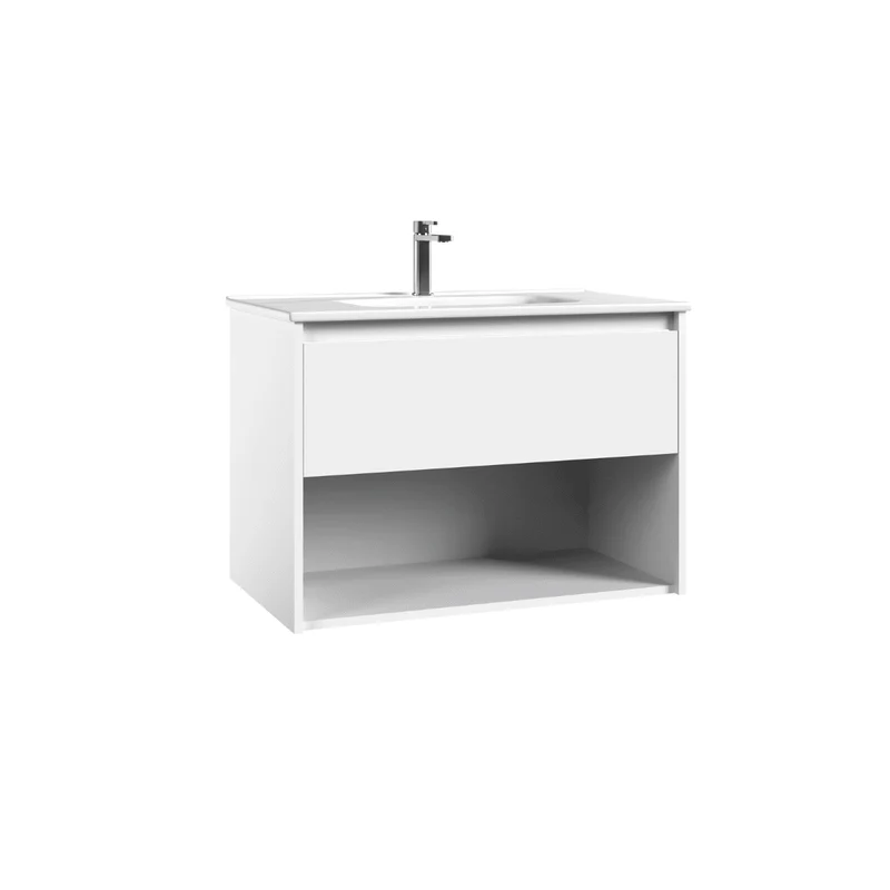 Mueble de Baño Suspendido con Lavabo Cerámico modelo Veloz| Mueble Volado 1 Cajón y 1 Hueco| Blanco Brillo