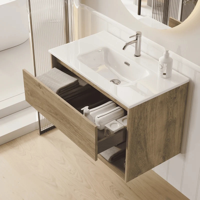 Mueble de Baño Suspendido con Lavabo Cerámico modelo Veloz| Mueble Volado 1 Cajón y 1 Hueco| Roble Natural