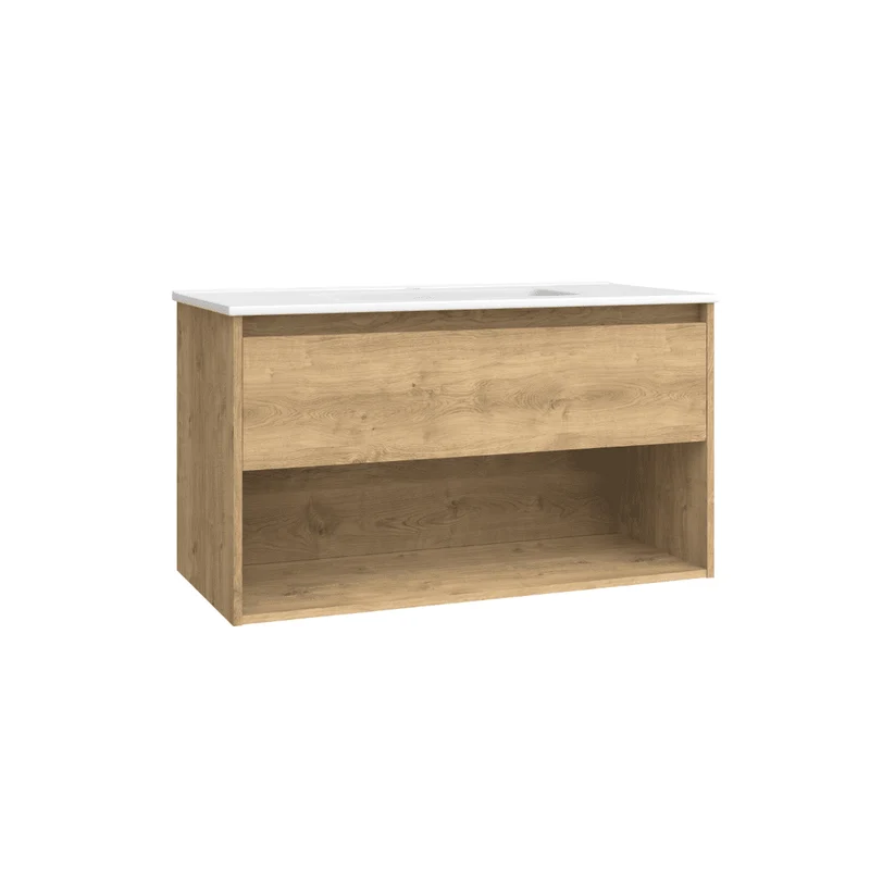 Mueble de Baño Suspendido con Lavabo Cerámico modelo Veloz| Mueble Volado 1 Cajón y 1 Hueco| Roble Natural