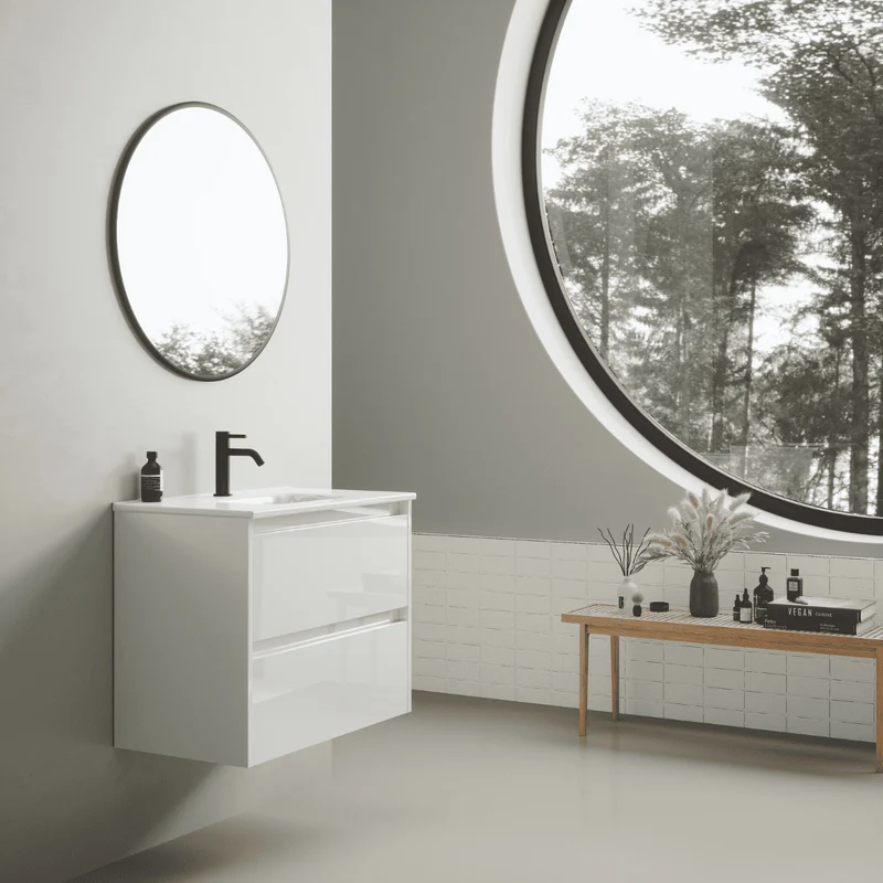 Mueble de Baño Suspendido con Lavabo Cerámico modelo Veloz| Mueble Volado 2 Cajones| Blanco Brillo