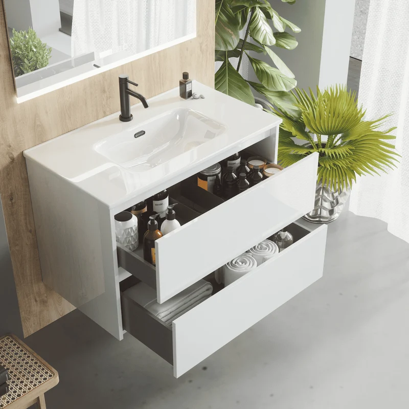 Mueble de Baño Suspendido con Lavabo Cerámico modelo Veloz| Mueble Volado 2 Cajones| Blanco Brillo