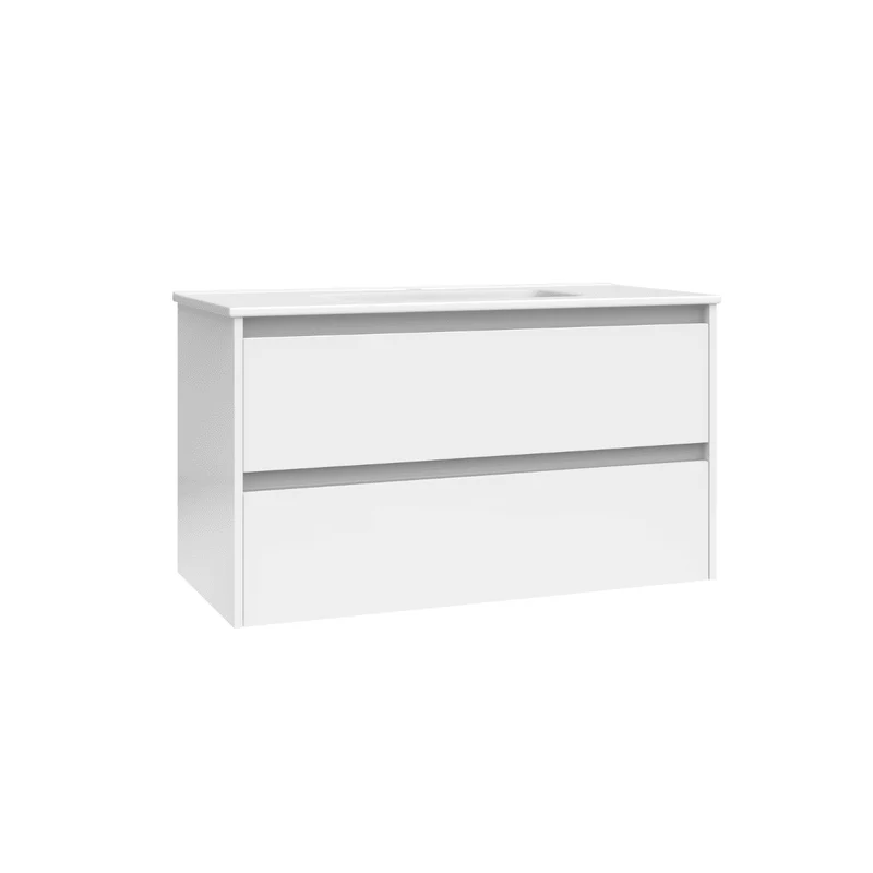 Mueble de Baño Suspendido con Lavabo Cerámico modelo Veloz| Mueble Volado 2 Cajones| Blanco Brillo