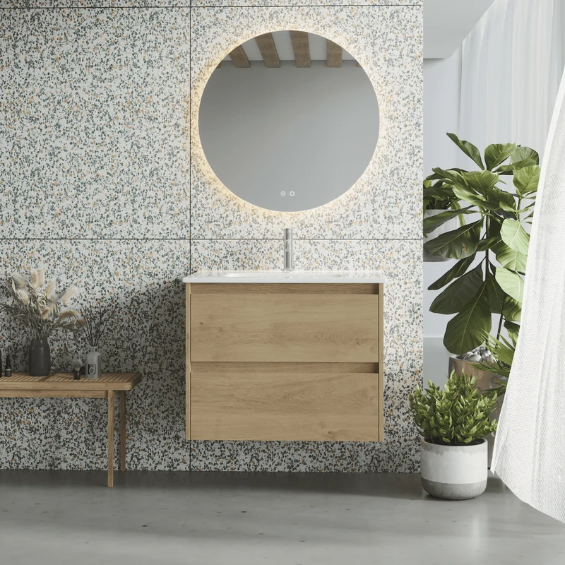Mueble de Baño Suspendido con Lavabo Cerámico modelo Veloz| Mueble Volado 2 Cajones| Roble Natural