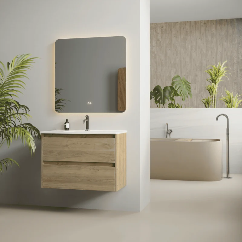 Mueble de Baño Suspendido con Lavabo Cerámico modelo Veloz| Mueble Volado 2 Cajones| Roble Natural