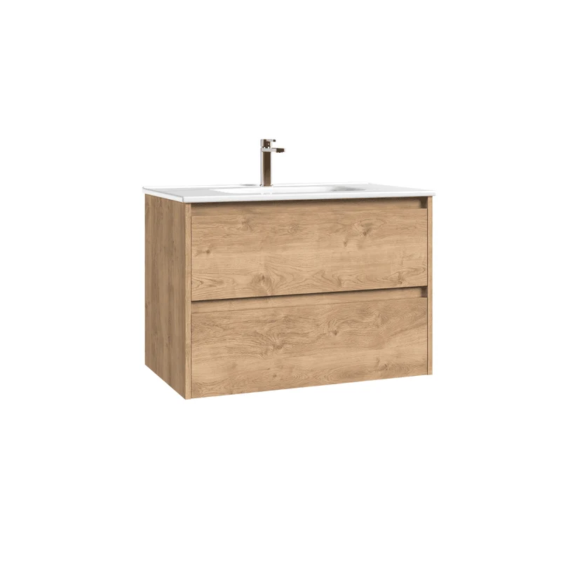 Mueble de Baño Suspendido con Lavabo Cerámico modelo Veloz| Mueble Volado 2 Cajones| Roble Natural