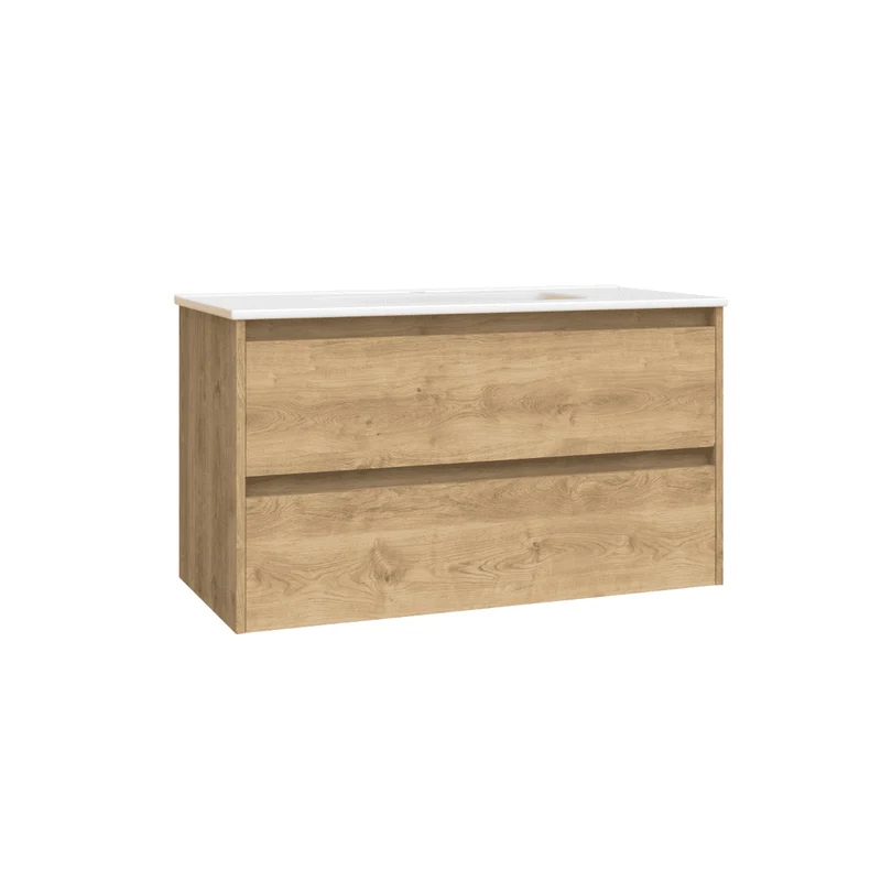 Mueble de Baño Suspendido con Lavabo Cerámico modelo Veloz| Mueble Volado 2 Cajones| Roble Natural