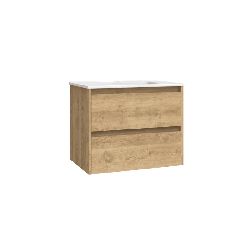 Mueble de Baño Suspendido con Lavabo Cerámico modelo Veloz| Mueble Volado 2 Cajones| Roble Natural
