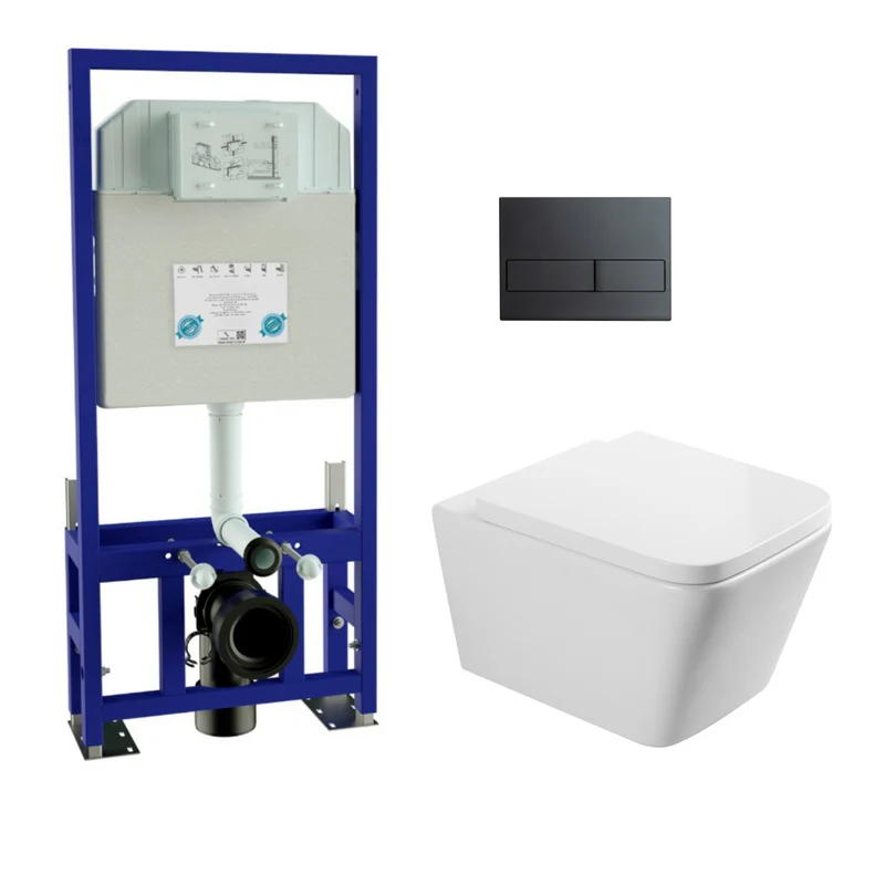 Aten Pack Inodoro Suspendido Blanco Brillo y Cisterna Empotrada Autoportante con Pulsador Negro | Inodoro Suspendido Blanco Brillo Rimless Sin Borde de Fondo Reducido y Asiento Extrafino con Caida Amortiguada