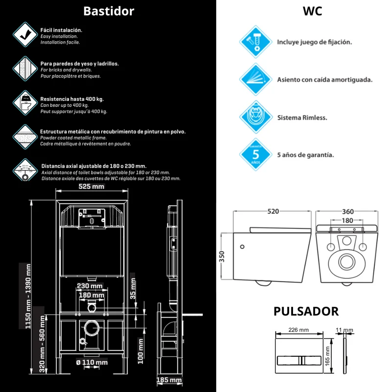 Aten Pack Inodoro Suspendido Blanco Brillo y Cisterna Empotrada Autoportante con Pulsador Negro | Inodoro Suspendido Blanco Brillo Rimless Sin Borde de Fondo Reducido y Asiento Extrafino con Caida Amortiguada