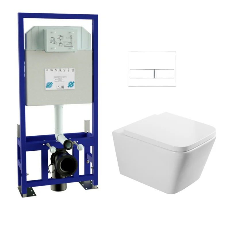 Aten Pack Inodoro Suspendido Blanco Brillo y Cisterna Empotrada Autoportante con Pulsador Blanco | Inodoro Suspendido Blanco Brillo Rimless Sin Borde de Fondo Reducido y Asiento Extrafino con Caida Amortiguada