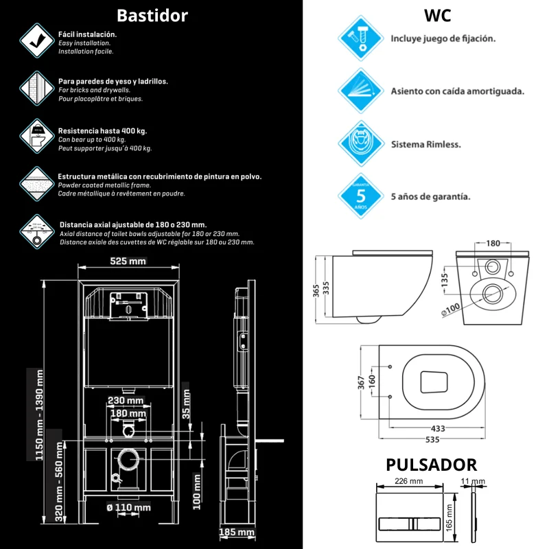 Pack Inodoro Suspendido Blanco Brillo y Cisterna Empotrada Autoportante con Pulsador Cromo | Inodoro Suspendido Blanco Brillo Rimless Sin Borde de Fondo Reducido y Asiento Extrafino con Caida Amortiguada
