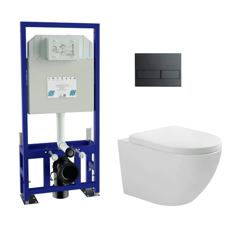 Pack Inodoro Suspendido Blanco Brillo y Cisterna Empotrada Autoportante con Pulsador Negro | Inodoro Suspendido Blanco Brillo Rimless Sin Borde de Fondo Reducido y Asiento Extrafino con Caida Amortiguada
