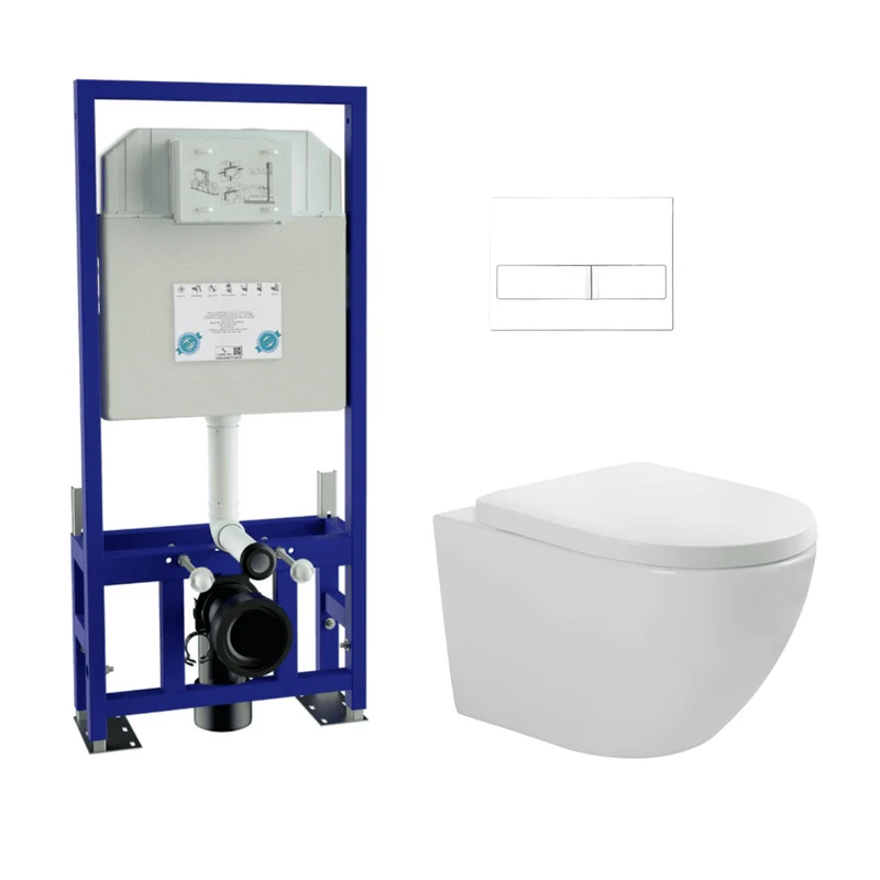 Pack Inodoro Suspendido Blanco Brillo y Cisterna Empotrada Autoportante con Pulsador Blanco | Inodoro Suspendido Blanco Brillo Rimless Sin Borde de Fondo Reducido y Asiento Extrafino con Caida Amortiguada