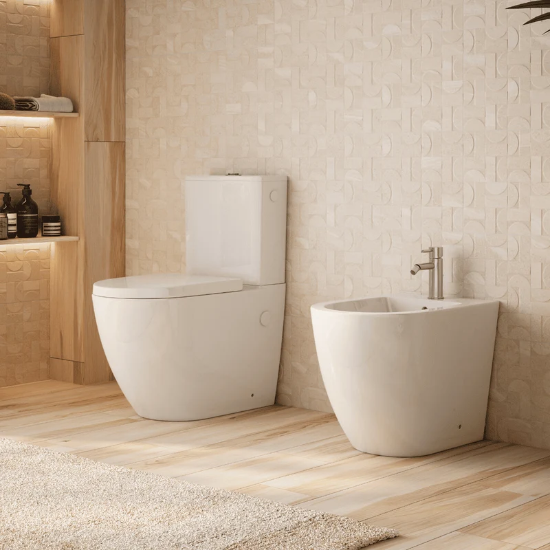 Espart Wc Inodoro Completo Compacto Adosado a Pared Redondo con Sistema Rimless | Wc Completo con Salida Dual y Asiento Amortiguado + Bide