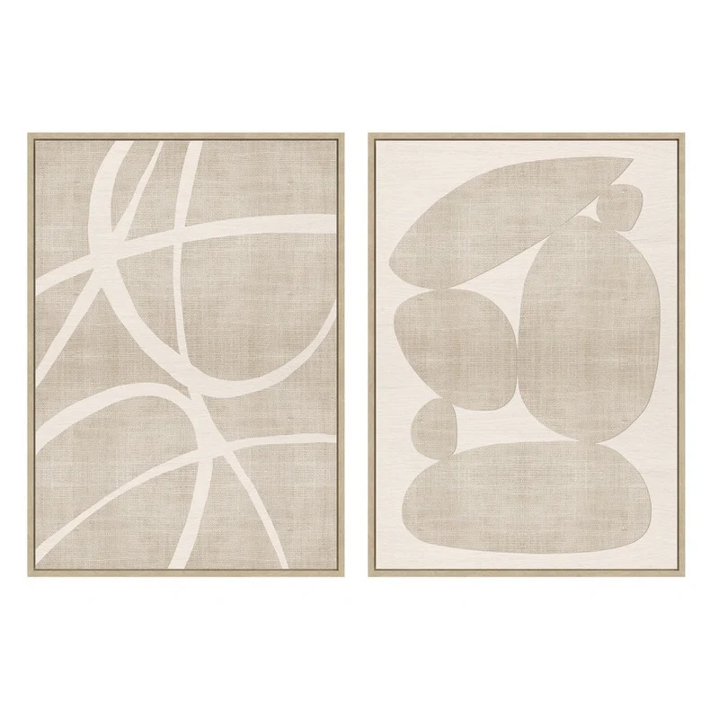 Set 2 cuadros abstractos decorativos beige con marco de 70x50 cm