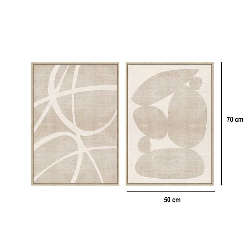 Set 2 cuadros abstractos decorativos beige con marco de 70x50 cm