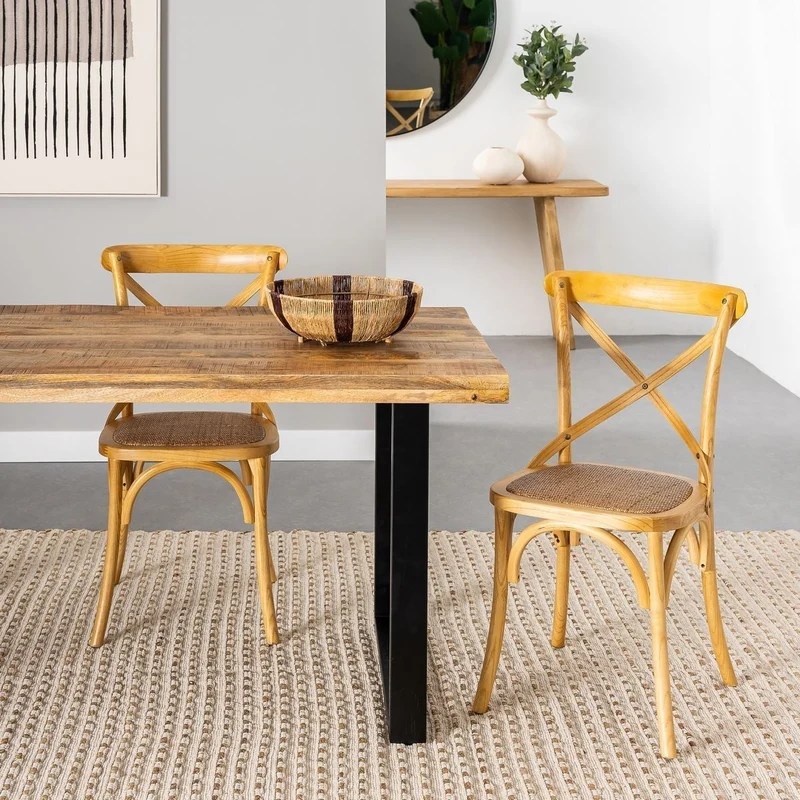 Silla de comedor Aspas de madera de olmo natural y asiento de ratán