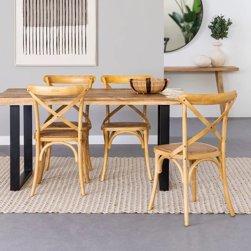 2 sillas de comedor Aspas de madera de olmo natural y asiento de ratán