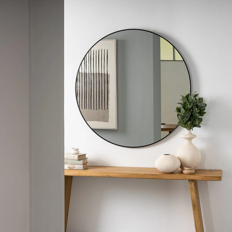 Espejo de pared redondo con marco de aluminio negro de 120 cm