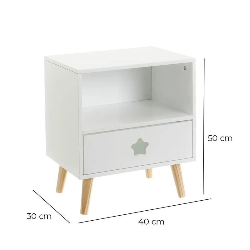 Mesita de noche infantil de madera de pino blanca de 40x30x50 cm