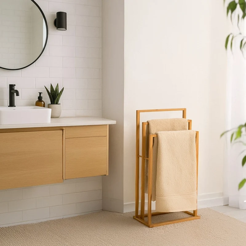 Toallero de bambú natural para 3 toallas de baño de 42x24x82cm