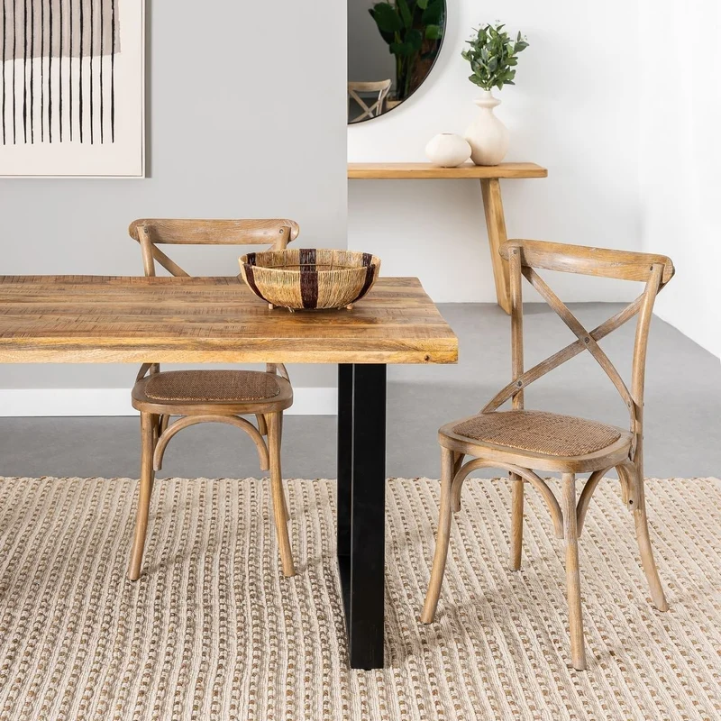 4 sillas de comedor Aspas de madera de olmo marrón y asiento de ratán