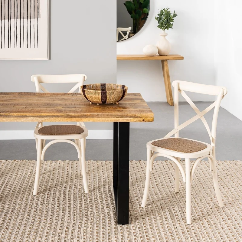 2 sillas de comedor Aspas de madera de olmo blanco y asiento de ratán