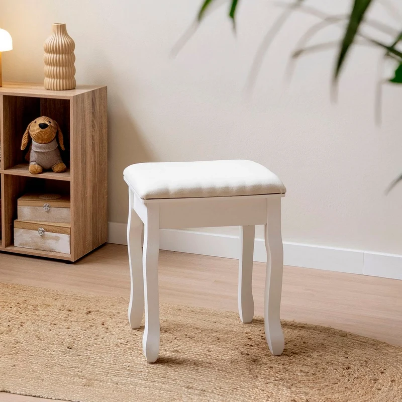 Banqueta clásica de tocador en madera de paulonia blanca 50x30x39cm