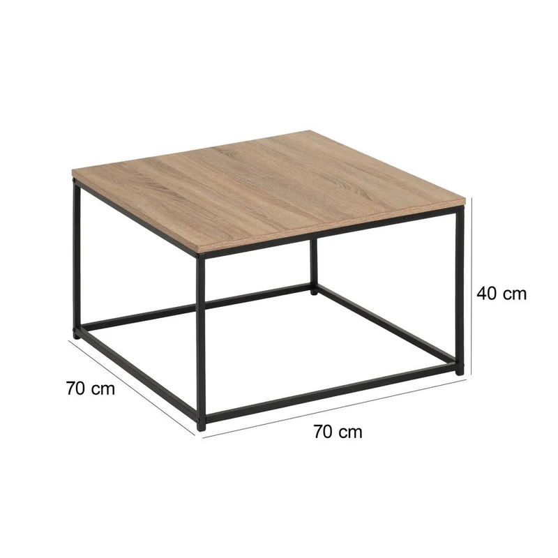 Mesa de centro cuadrada de metal negro y tablero color roble de 70x70x40 cm