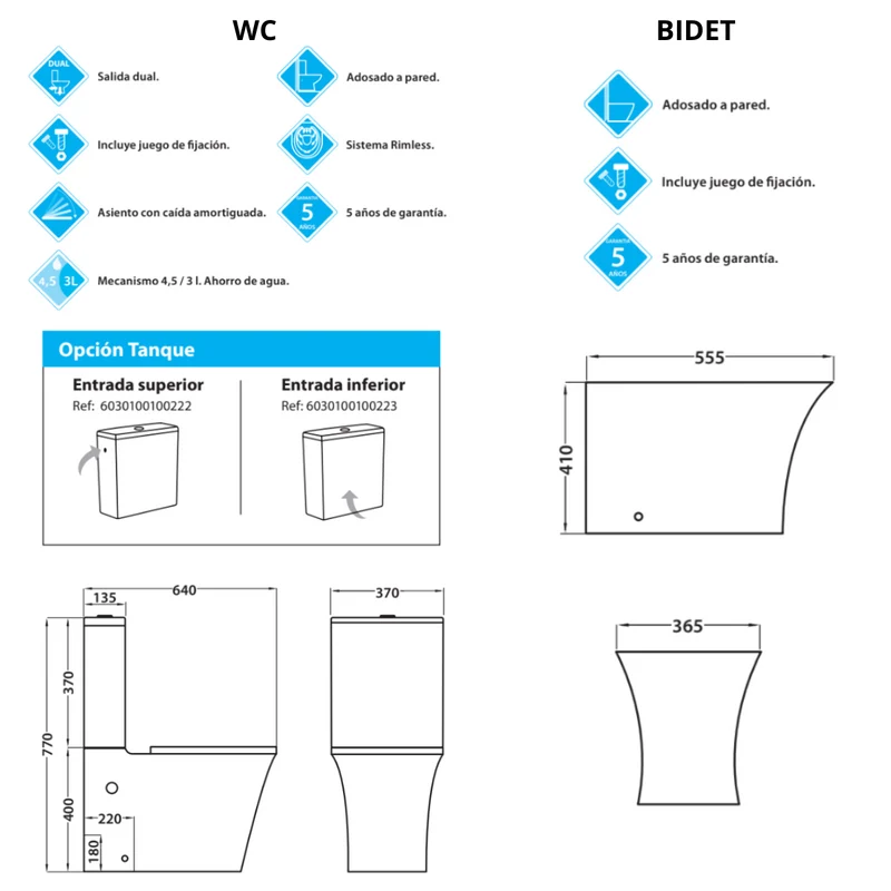 Aten Wc Inodoro Completo Compacto Adosado a Pared Cuadrado con Sistema Rimless | Wc Completo con Salida Dual y Asiento Amortiguado + Bide
