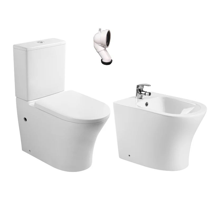 Pack Wc Inodoro Completo Ceramico Blanco Fondo Reducido Rimless y Tapa Extrafina Caida Amortiguada + Bidet a Suelo de Bano Moderno - Sin tapa y Facil Limpieza Olimp (Pack Wc + Bidet)