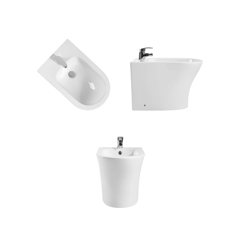 Pack Wc Inodoro Completo Ceramico Blanco Fondo Reducido Rimless y Tapa Extrafina Caida Amortiguada + Bidet a Suelo de Bano Moderno - Sin tapa y Facil Limpieza Olimp (Pack Wc + Bidet)