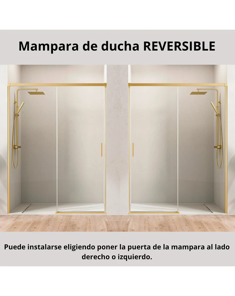 Patricia Mampara de Ducha Frontal 1 Puerta 1 Fijo Corredera | Vidrio Templado de 6mm | Antical | Reversible Izquierdo o Derecho | Oro