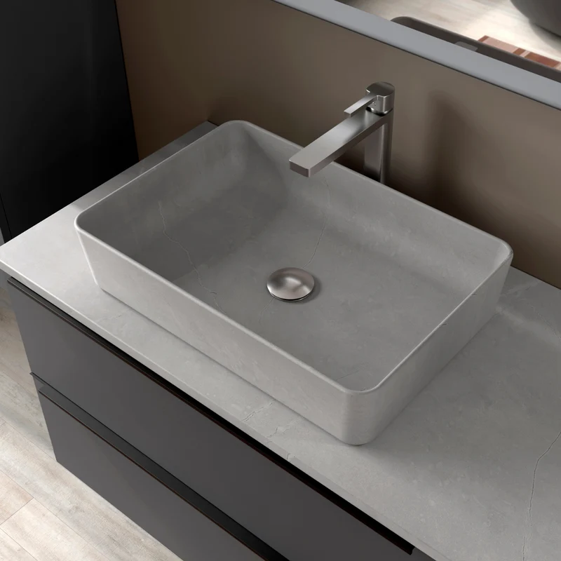 Curazao Lavabo Sobre Encimera Resina y Carga Mineral Gris Cemento | Lavamanos Baño para Encimera Rectangular | 51x34cm