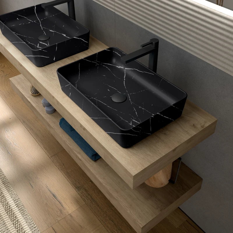 Curazao Lavabo Sobre Encimera Resina y Carga Mineral Marquina Storm | Lavamanos Baño para Encimera Rectangular | 51x34cm
