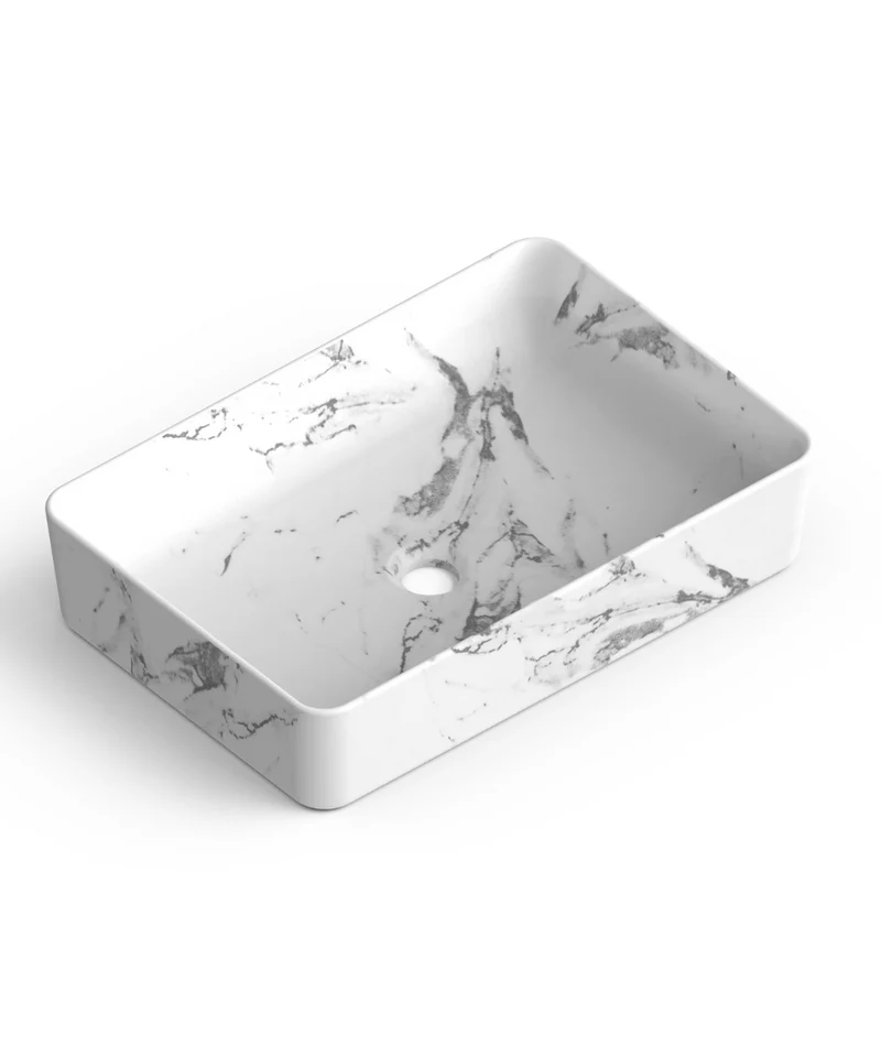 Curazao Lavabo Sobre Encimera Resina y Carga Mineral Carrara | Lavamanos Baño para Encimera Rectangular | 51x34cm