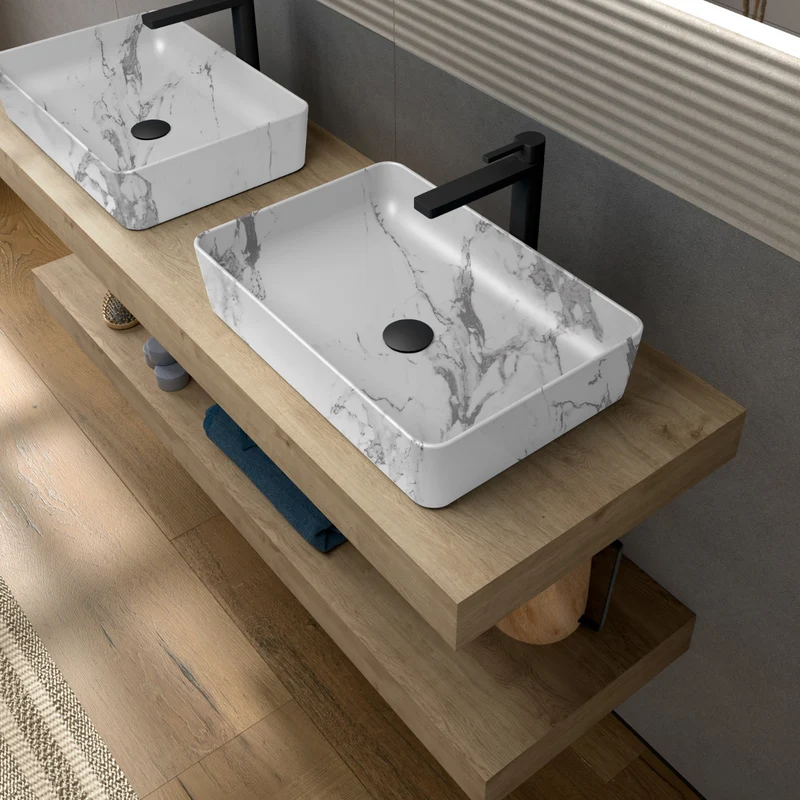 Curazao Lavabo Sobre Encimera Resina y Carga Mineral Carrara | Lavamanos Baño para Encimera Rectangular | 51x34cm